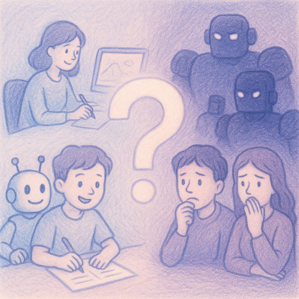 Robot en mens tegenover elkaar met vraagteken ertussen, symbool voor discussie over AI en toekomst.