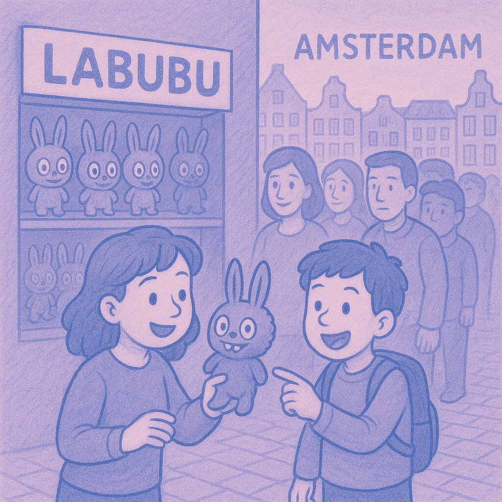 Vergelijking van echte en namaak Labubu-poppen met vraagteken, ter illustratie van discussie over originaliteit en kopieën.