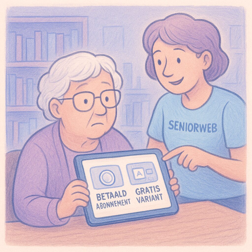 Weegschaal met ‘gratis met advertenties’ aan de ene kant en ‘betaald zonder advertenties’ aan de andere, symbool voor keuzes van gebruikers.