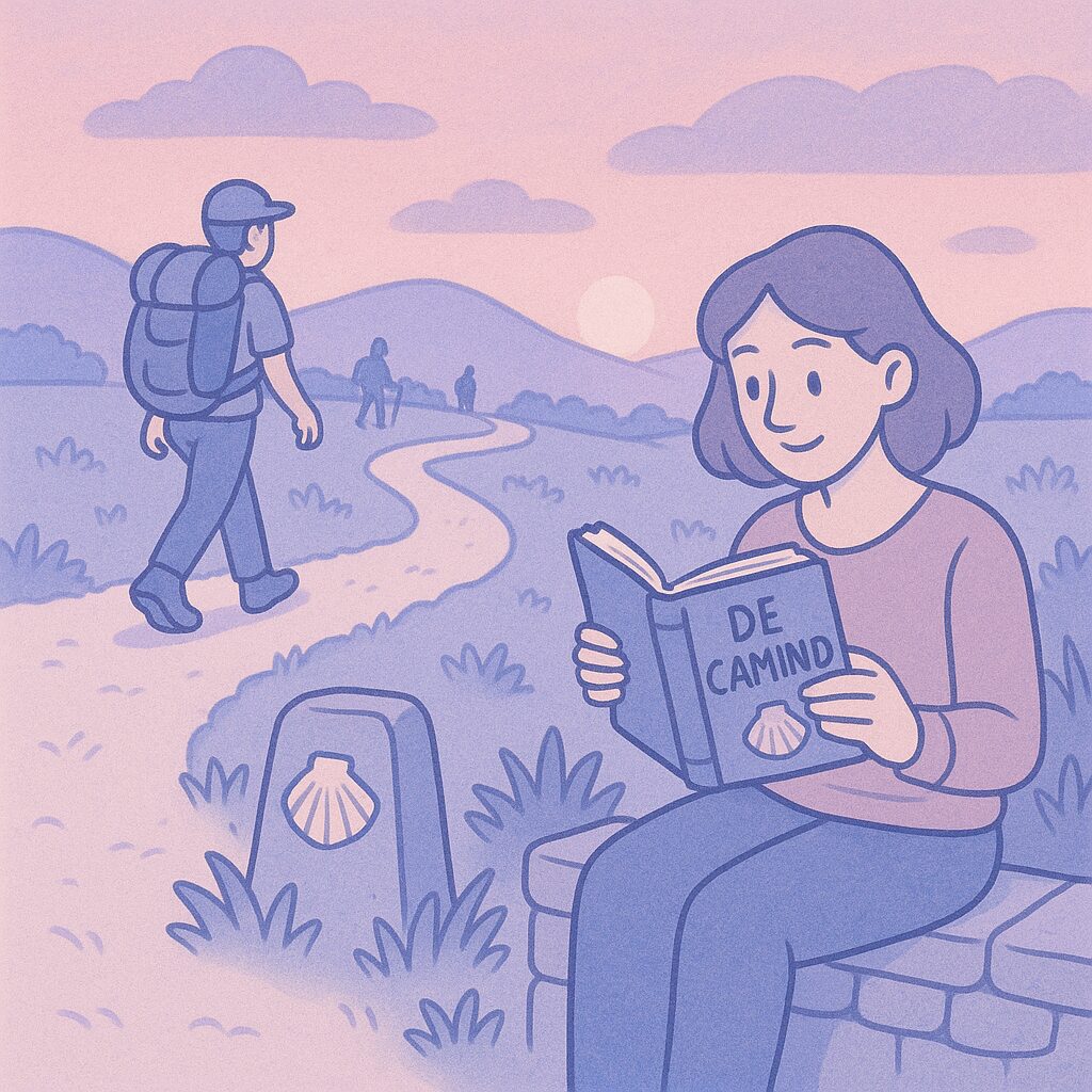 Wandelaar met rugzak op een bosrijk pad met Camino de Santiago-markering, symbool voor Spaanse wandelcultuur.