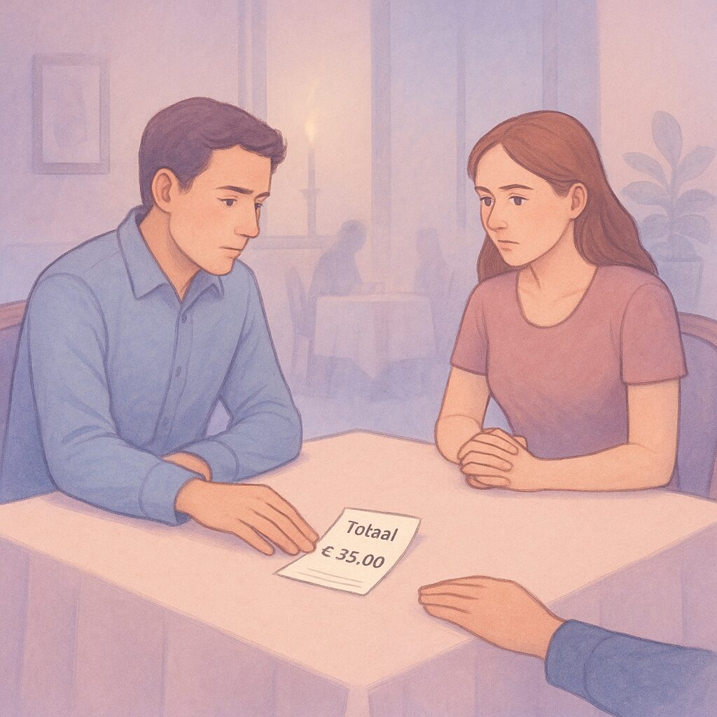 Twee mensen op een eerste date aan tafel in een café, met een rekening tussen hen in als symbool voor discussie.