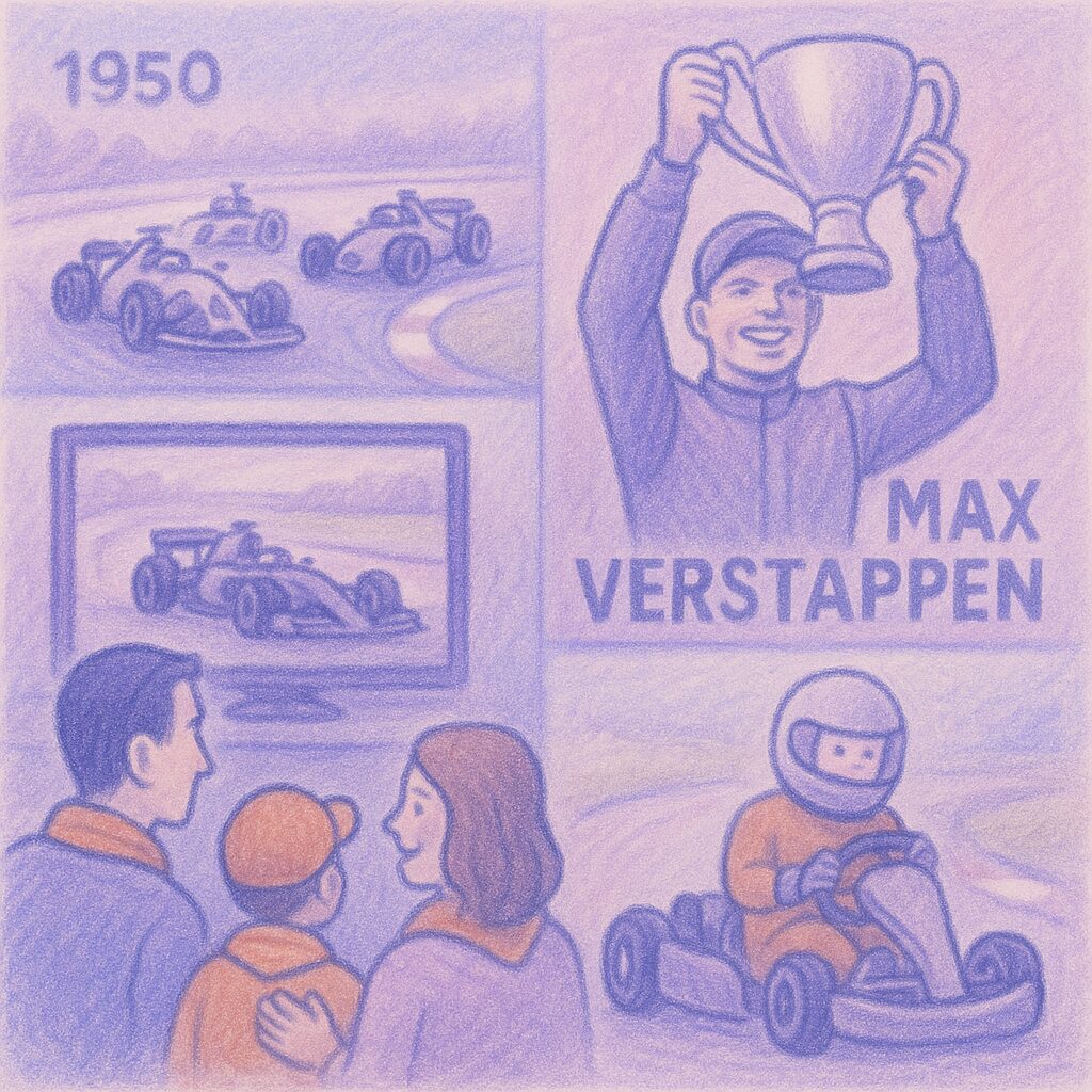 Startvlag en racehelm naast trofee, illustratie van sportieve competitie en grote evenementen.
