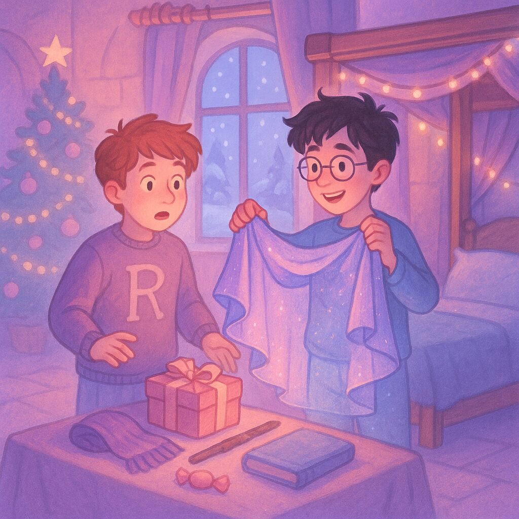 Students practicing English through Harry Potter themed discussions about Christmas gifts and magical adventures