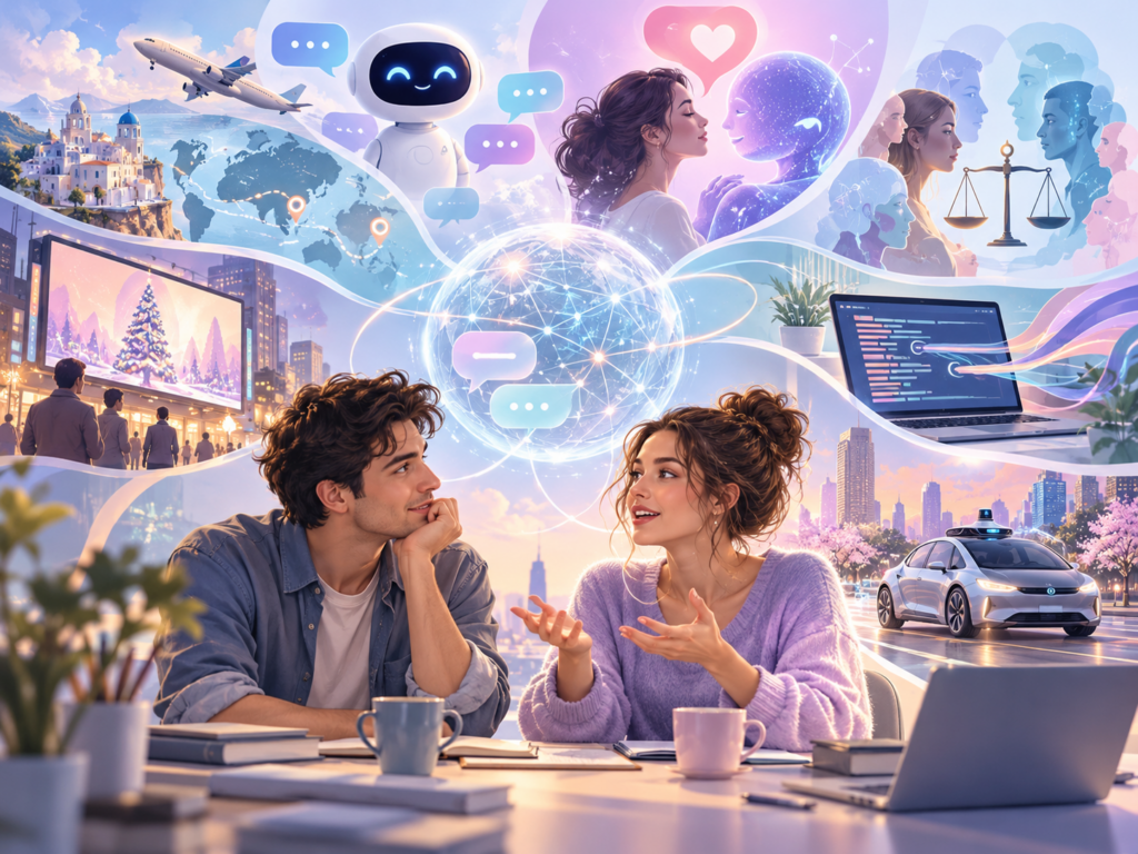 Pastel illustration of people discussing artificial intelligence surrounded by symbols of chatbots, AI travel, coding, digital relationships, advertising, bias, and driverless cars.