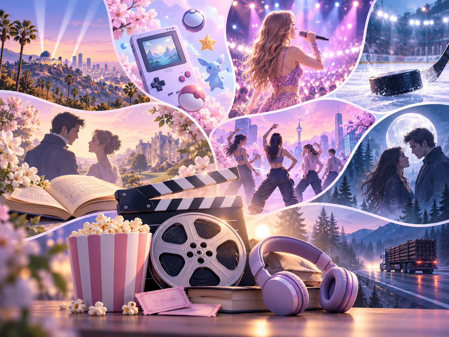 Pastel illustration of cinema, music, gaming, television, and books representing a pop culture ESL lesson plan bundle.
